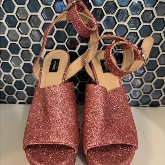 Pinko Rose Pink Glitter Platform Sandals